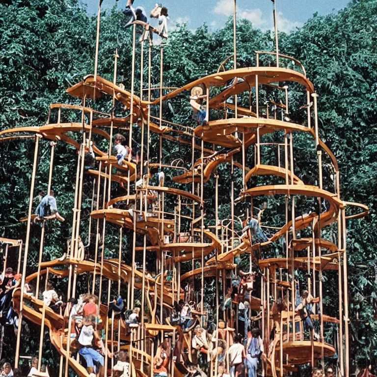 Image similar to full - color closeup 1 9 7 0 s photo of a large complex very - dense very - tall many - level jungle - gym in a crowded schoolyard. the jungle - gym is made of dark - brown wooden planks, and black rubber tires. it has many wooden spiral staircases, high bridges, ramps, and tall towers.