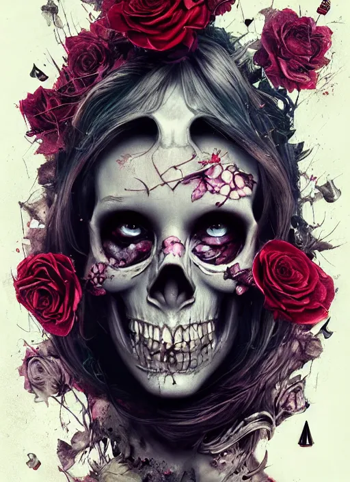 Image similar to Alice in Wonderland,roses,bullets,highly detailed,half skull face,cinematic,8k,by Stanley Artgermm,Tom Bagshaw,Greg Rutkowski,Carne Griffiths, Ayami Kojima, Beksinski, Giger,trending on DeviantArt,hyper detailed,horror, full of colour