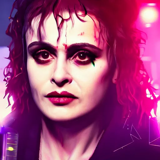 Prompt: helena bonham carter portrait, cyberpunk 2 0 7 7, cyberpunk judy alvarez, photorealistic, ultra detailed, neon, octane, bokeh, cinematic lighting, cyber, cyberpunk city, studio quality, feature, scars, cyberface, 8 k