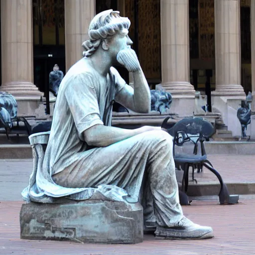 Image similar to liberty statue sitdown and tired , very convincing