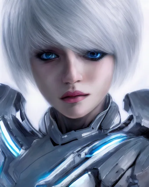 Image similar to perfect white haired girl, warframe armor, beautiful, dreamy, pretty face, blue cyborg eyes, portrait, detailed, bright light, scifi, elegant, utopian architecture in the background, laboratory, 4 k, ultra realistic, aura of light, cinematic, highly detailed, intricate, masterpiece, art by akihito tsukushi, akasuki brightmind