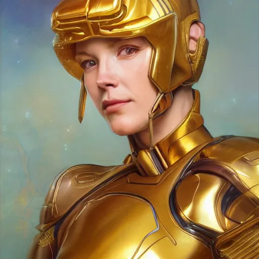 Image similar to Portrait of Samus Aran with golden armor drawn by Donato Giancola and Tom Bagshaw, face by Artgerm, overall design by Alphonse Mucha, background by James Jean and Gustav Klimt, light by Julie Bell, 4k, porcelain skin, komorebi, french nouveau, trending on artstation, octane render, hyperrealistic