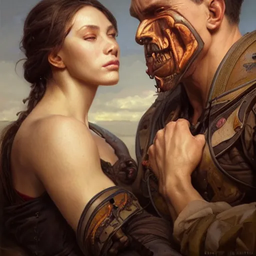 Prompt: portrait painting of muscular couple kissing, ultra realistic, concept art, intricate details, eerie, highly detailed, photorealistic, octane render, 8 k, unreal engine. art by artgerm and greg rutkowski and alphonse mucha