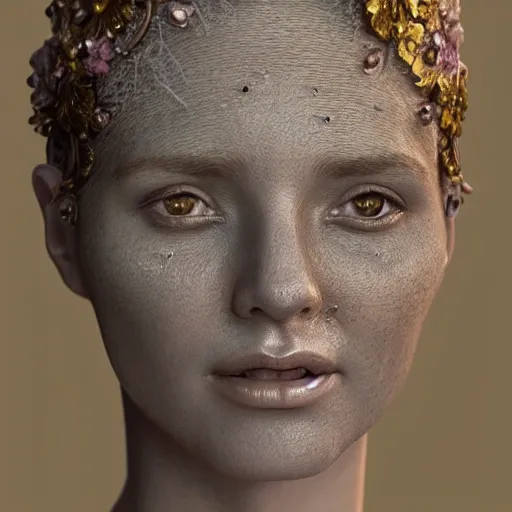 Image similar to beatifull face portrait of a woman, 150 mm, anatomical, flesh, flowers, mandelbrot fractal, facial muscles, veins, arteries, intricate, golden ratio, full frame, microscopic, elegant, highly detailed, ornate, ornament, sculpture, elegant , luxury, beautifully lit, ray trace, unreal, 3d, PBR, in the style of peter Gric , alex grey and Romero Ressendi