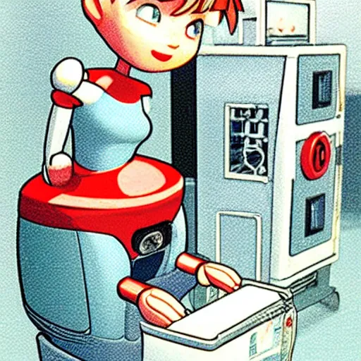 Image similar to pixar - style rendering of : roll is repairing computers in dr. light's laboratory. roll is a cute female ball - jointed robot ( inspired by osamu tezuka ) who has blonde hair with bangs and a ponytail tied with a green ribbon. she is wearing a red one - piece dress with a white collar, and red boots.