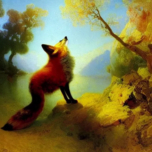 Prompt: a fox stealing a birthday cake by Thomas Moran and Ivan Aivazovsky