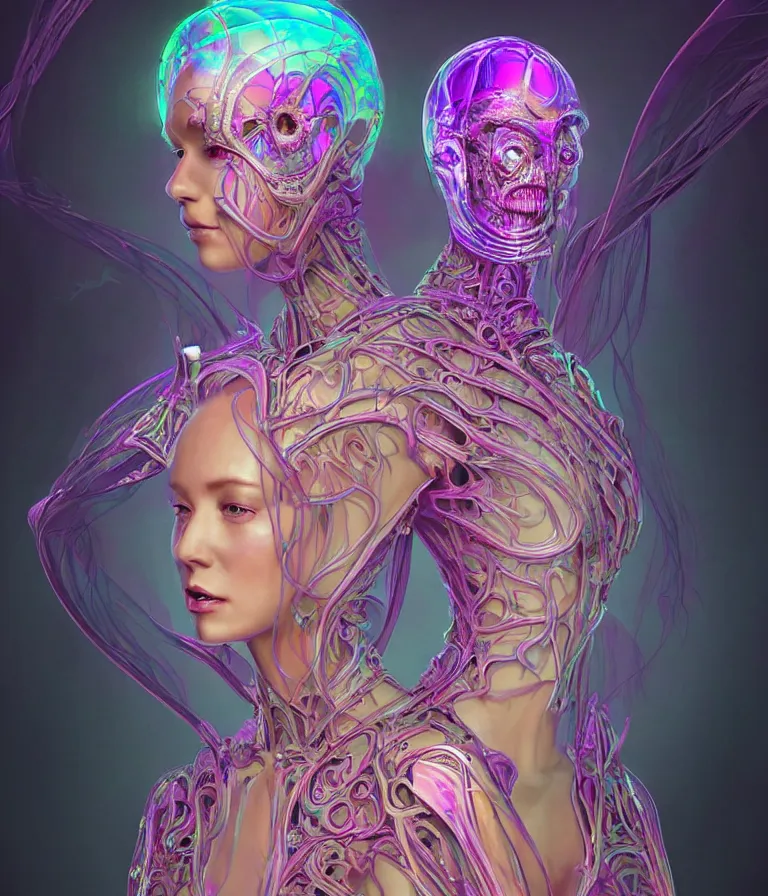 Image similar to fully symmetrical centered iridescent portrait of a beautiful princess in robe. artificial muscles, ribcage, bones, hard surface modelling. cyberpunk look. biomechanical mask. bio luminescent biomechanical halo around head. neon jellyfish. artwork by jarold Sng by artgerm, by Eddie Mendoza, by Peter mohrbacher by tooth wu, unreal engine, octane render, cinematic light, high details, iridescent colors, dichroic, macro, depth of field, blur