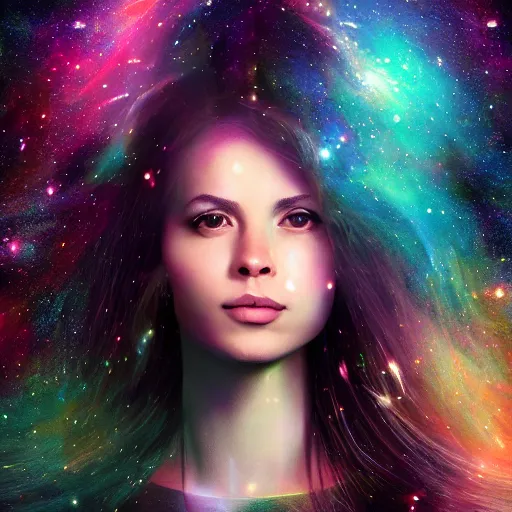 Image similar to woman portrait made out of galaxies floating in space, saturn, highly detailed, beautiful, realistic, comic book art, unreal engine, octane render, sharp focus