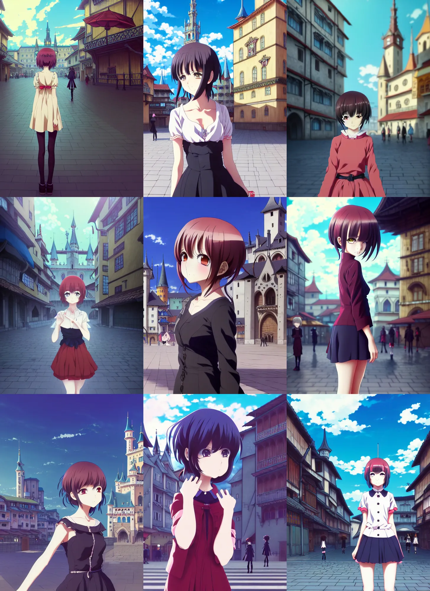 Prompt: anime frames, anime visual, full body portrait of a young woman in the medieval city square looking at the fantasy palace in the distance, cute face by ilya kuvshinov, akiko takase, dynamic pose, dynamic perspective, rounded eyes, moody, psycho pass, kyoani, yoh yoshinari