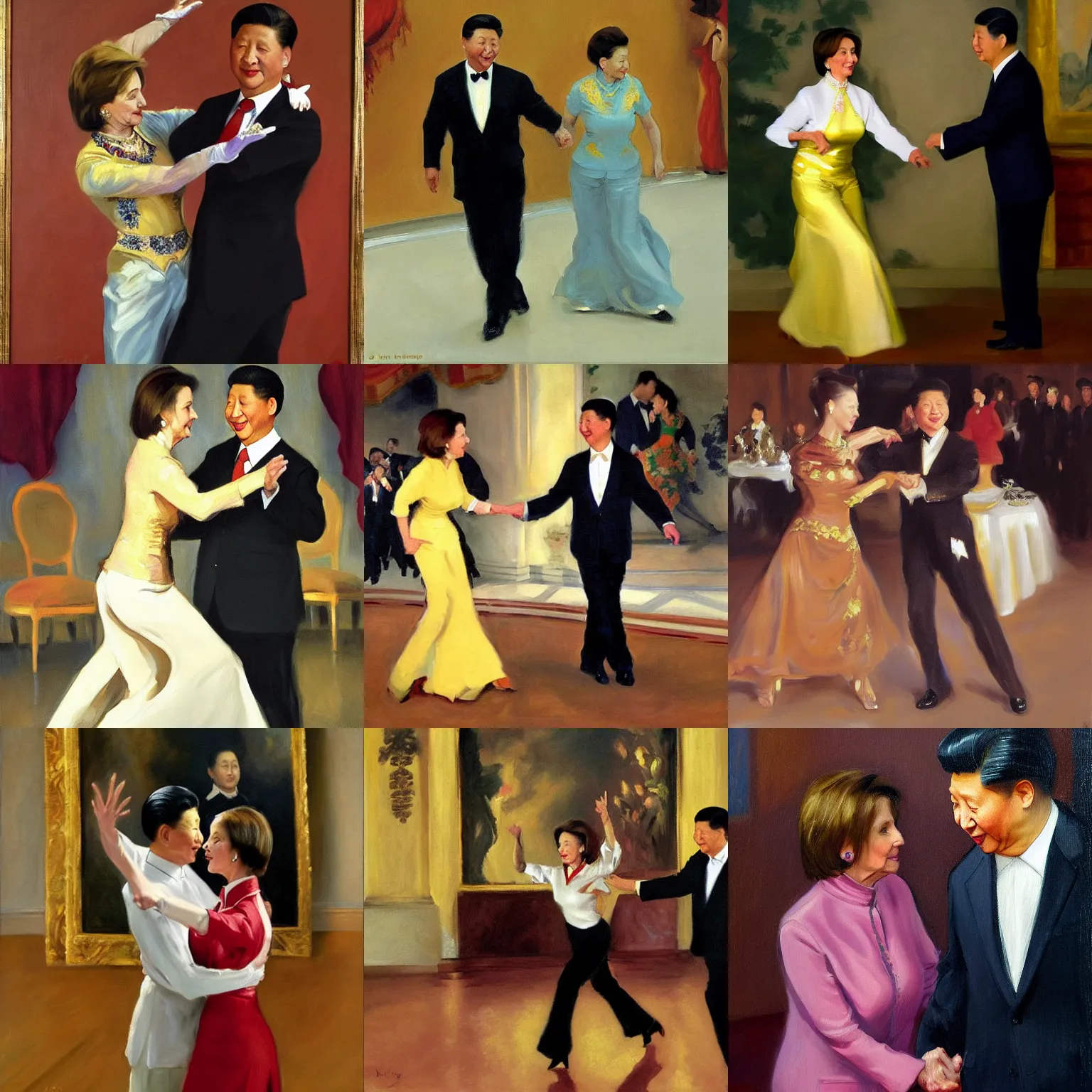 Prompt: nancy pelosi and xi jinping ballroom dancing, oil on canvas painting by john singer sargent