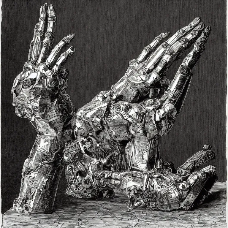Prompt: robot hands in the style of gustave dore and piranesi