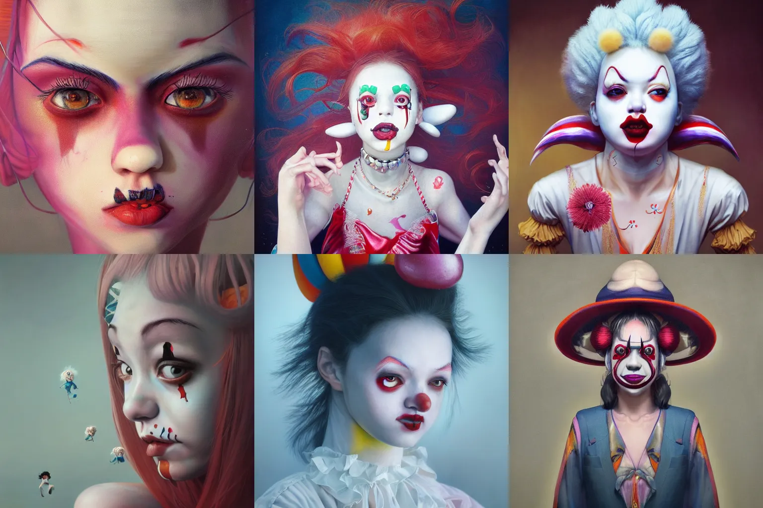 Image similar to breathtaking detailed painting of clown girl , with anxious, piercing eyes, Atari game cover art by Hsiao-Ron Cheng, James jean, Miho Hirano, Hayao Miyazaki, extremely moody lighting, hyperrealistic, octane render, RPG portrait, ambient light, dynamic lighting