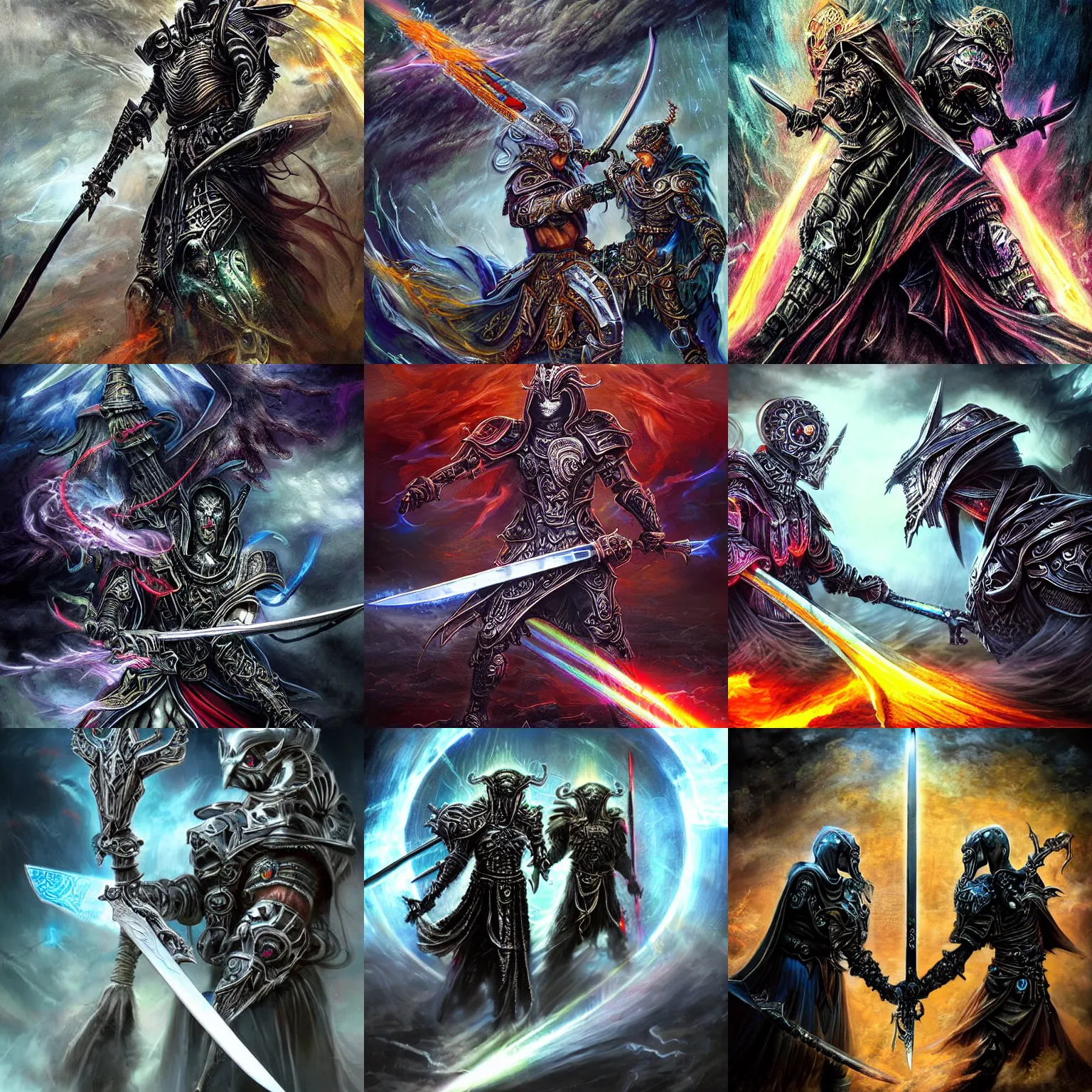 Prompt: Thunderous furious massive sword clash of two powerful opposing fighting stance opposite iridescent ornate cloaked hooded warrior technology gods who hate one another, dark gritty realistic highly detailed intricate artistic award winning digital oil painting, partially cybernetic dark entity gods made of future technology brandishing cosmic smoking iridescent weaponry, intricate, ornate, black armor with hints of rainbow and gothic influence, smooth oil painting, muted realistic colors, epic megastructure space scene background, super intricate, epic, assassins, galactic, moody colors, realistic, real colors, moody, ominous, dangerous aura, microchips, crystallic, iridescent smoke, lasers, gems, multicolored glints, precious elements, beautiful, detailed, concept art, render, unreal engine, 4K, artstation