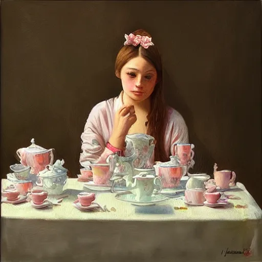 Prompt: “beautiful girl at a tea party, oil painting, realism, hyper detailed, trending on Artstation”