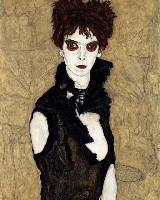 Prompt: A goth portrait painted by Egon Schiele. Her hair is dark brown and cut into a short, messy pixie cut. She has a slightly rounded face, with a pointed chin, large entirely-black eyes, and a small nose. She is wearing a black tank top, a black leather jacket, a black knee-length skirt, a black choker, and black leather boots.