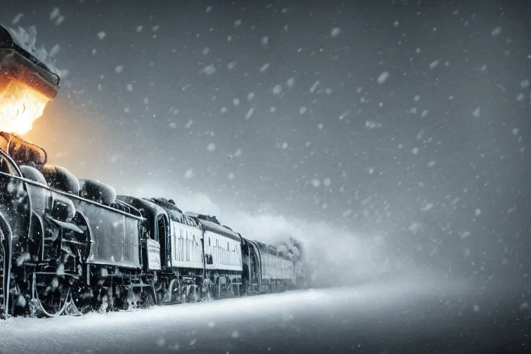 Image similar to an old locomotive rushing through snow storm in high speed, white steam on the side, dark smoke with fire! from the pipes, dynamic angled shot, speed lines, fire particles and snowflakes everywhere, 8 k, by jean - baptiste monge, 1 6 k, eerie moon eclipse cinematic scenery