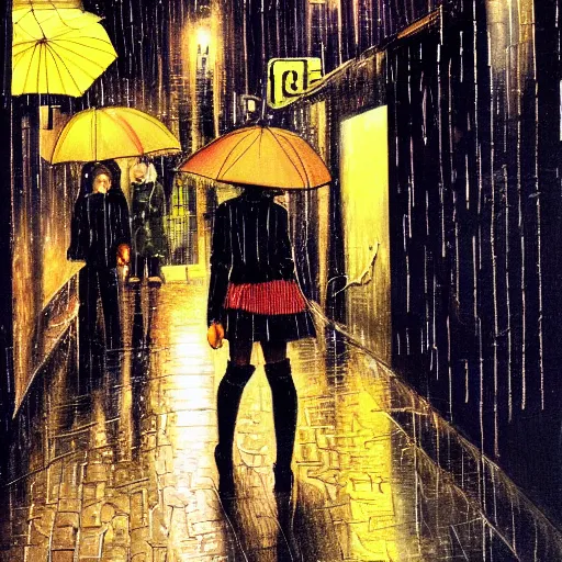 Prompt: girl in leather jacket walking down rainy city street at night, Kiyohiko Azuma