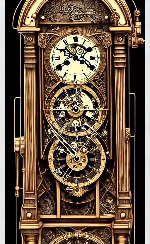 Image similar to ornate steampunk grandfather clock, high details, intricately detailed, by vincent di fate, inking, lineart, 3 color screen print, masterpiece, trending on artstation, sharp, details, hyper - detailed, hd, 4 k, 8 k