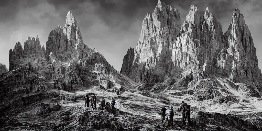 Image similar to photography of witch burning, dolomites in the background, occult signs, witch burning, pyre, solstice fire, alp, dolomites, alpine, detailed intricate insanely detailed octane render, 8k artistic 1920s photography, photorealistic, black and white, chiaroscuro, hd, by David Cronenberg, Raphael, Caravaggio