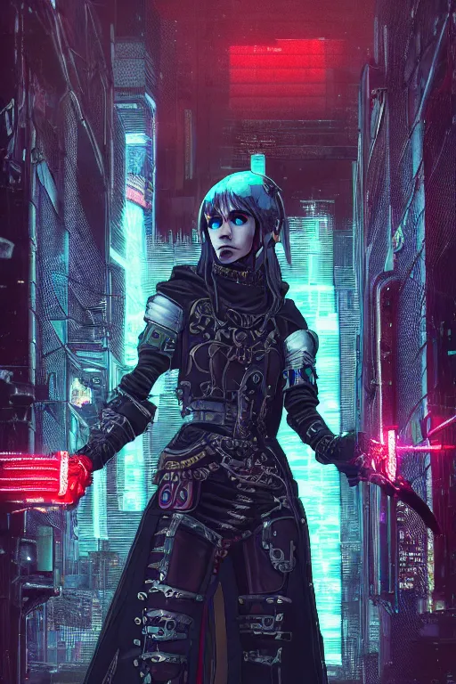 Prompt: [ grimes in medieval cyberpunk armor ]! holding a [ sword in her hand ]! looking out into the [ futuristic cyberpunk city ]!, digital art style, anime style, trending on [ artstation ], 4 k, cgsociety contest winner, award winning, neon! lighting, neon subsurface scattering!, intricate, full - body!, volumetric lighting!