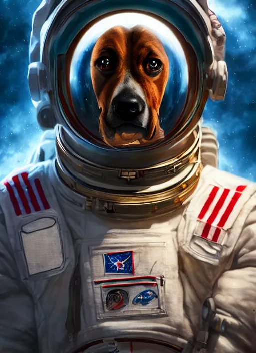 Prompt: An epic fantasy comic book style portrait painting of a dog astronaut in space, unreal 5, DAZ, hyperrealistic, octane render, cosplay, RPG portrait, dynamic lighting