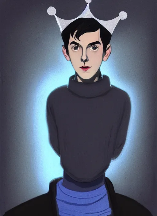 Image similar to portrait of teenage jughead jones wearing a light grey crown, crown, blue turtleneck, 1 9 5 0 s, closed eyes, photorealistic, black hair, glowing lighting, intricate, elegant, glowing lights, highly detailed, digital painting, artstation, concept art, smooth, sharp focus, illustration, art by wlop, mars ravelo and greg rutkowski