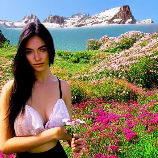 Prompt: a photograph of the most beautiful woman that has ever existed, surrounded by unique natural sightseeing accompanied by the most delicate flowers.