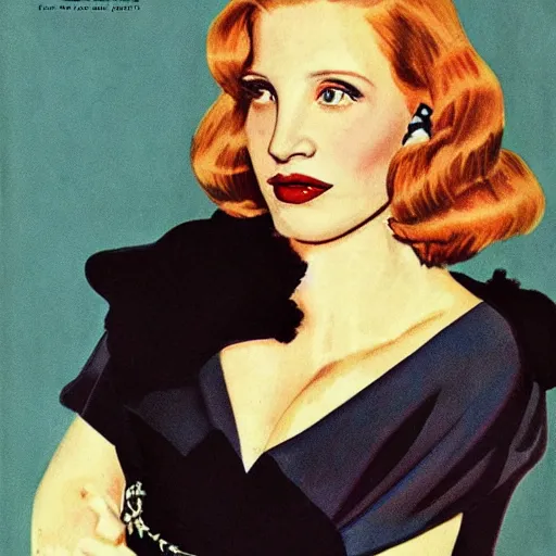 Image similar to “Jessica Chastain portrait, color vintage magazine illustration 1950”