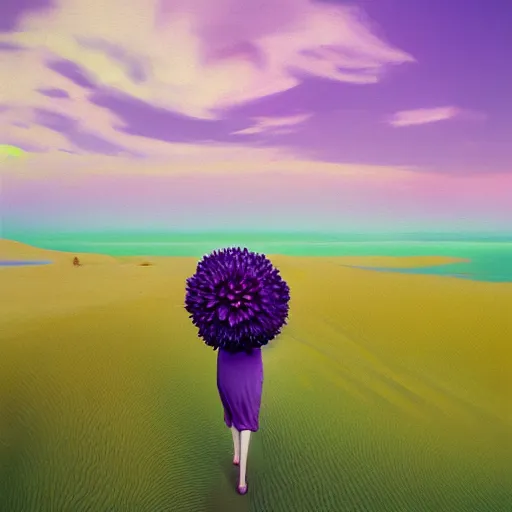 Image similar to portrait, giant purple dahlia flower head, girl walking between dunes, surreal photography, sunrise, blue sky, dramatic light, impressionist painting, digital painting, artstation, simon stalenhag