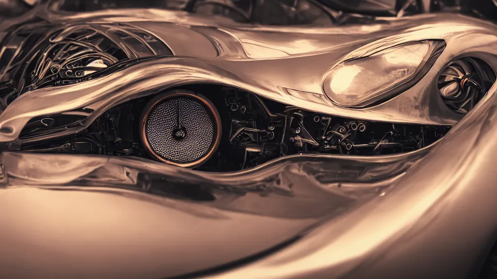 Image similar to soft bokeh front shot photo of a mclaren steampunk concept car, cinematic, fine details, symmetrical, 4 k, digital art, wallpaper