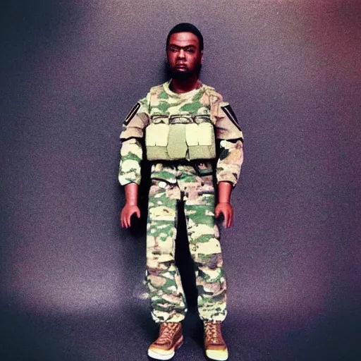 Prompt: “an analog photograph of an action figure doll of Kendrick Lamar in army gear”