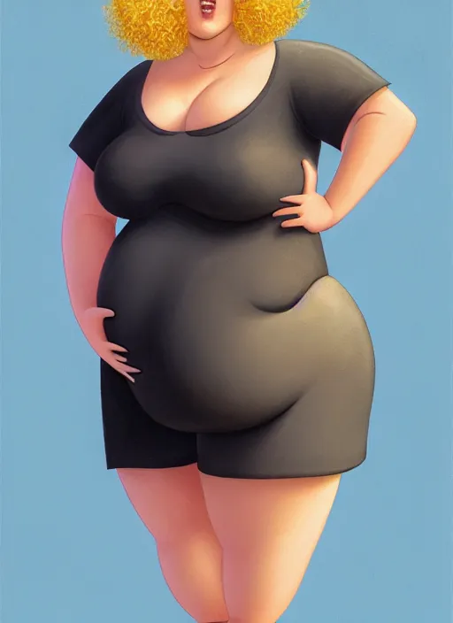 Image similar to full body portrait, teenage betty cooper, blonde hair, obese, bangs, ponytail, sultry, realistic, sultry smirk, fluffy bangs, curly bangs, fat, belly, beautiful girl, intricate, elegant, highly detailed, digital painting, artstation, concept art, smooth, sharp focus, illustration, art by wlop, mars ravelo and greg rutkowski