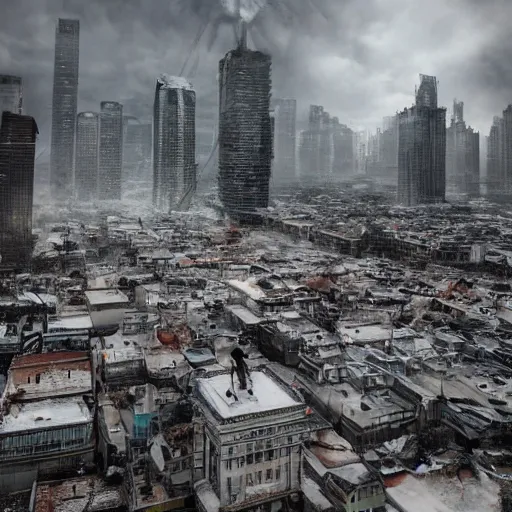 Image similar to apocalyptic city, buildings covered in shiny white liquid