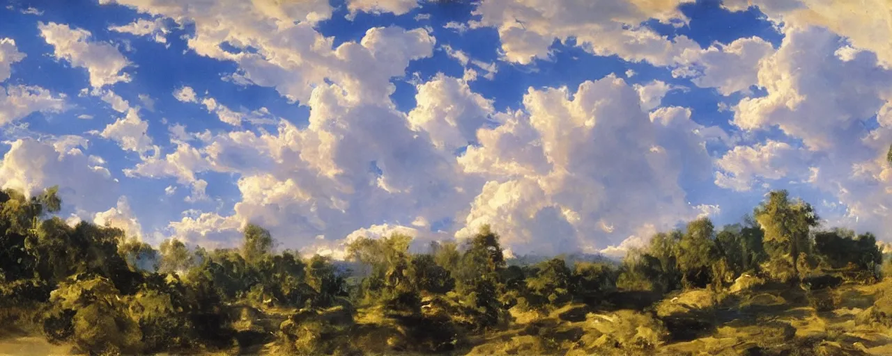 Image similar to disney illustrated background of blue sky huge clouds by eugene von guerard, ivan shishkin, john singer sargent