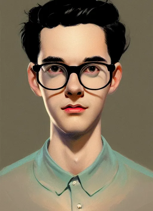 Prompt: portrait of young dilton doiley, black hair, round glasses, 1 9 5 0 s, intricate, elegant, glowing lights, highly detailed, digital painting, artstation, concept art, smooth, sharp focus, illustration, art by wlop, mars ravelo and greg rutkowski