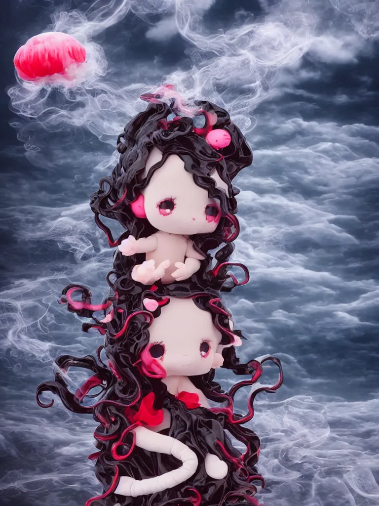 Prompt: cute fumo plush chibi gothic translucent octopus maiden alien girl washing her hair in the waves of the wavering dark galactic abyss, black and red ruffled intricate dress with ribbons, ocean wave thunderstorm and reflective splashing water, wisps of smoke and haze and volumetric fog, black and white, ocean simulation, vignette, vray