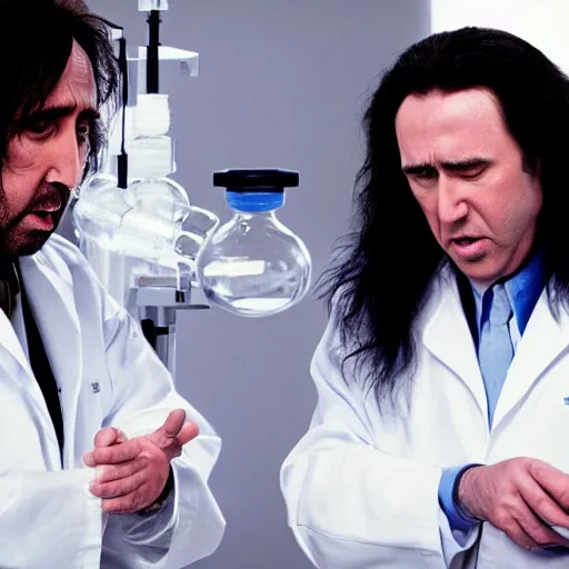 Image similar to filmic extreme close up shot movie still 4 k uhd interior 3 5 mm film color photograph of nicolas cage and tommy wiseau as two scientists arguing and yelling in a lab in antartica