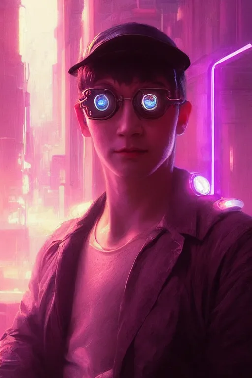 Image similar to portrait Ron Wisly with visor in cyberpunk, harry potter, neon lighting, night city, digital art from artstation by Ruan Jia and Mandy Jurgens and Artgerm and william-adolphe bouguereau and Greg Rutkowski