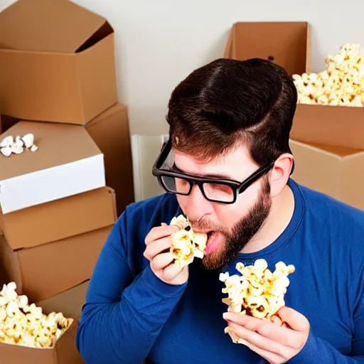 Prompt: moving day disaster. photo of chubby man wavy brown hair and glasses and short beard eating popcorn, boxes in the background