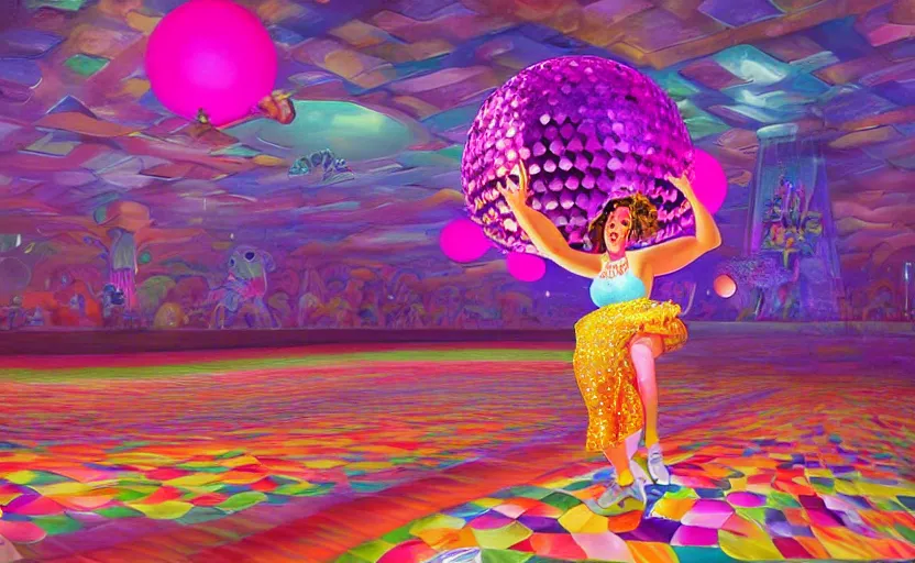 Image similar to Ultradetailed, hyperrealistic, a vintage roller skating diva wearing a disco ball skirt mirror tanktop with a disco ball head in a psychedelic cosmic roller rink in the clouds, by Vladimir kush, by josib csoor, by Laurie Lipton, rendered in octane, volumetric lighting, retro color scheme, trending on artstation -20