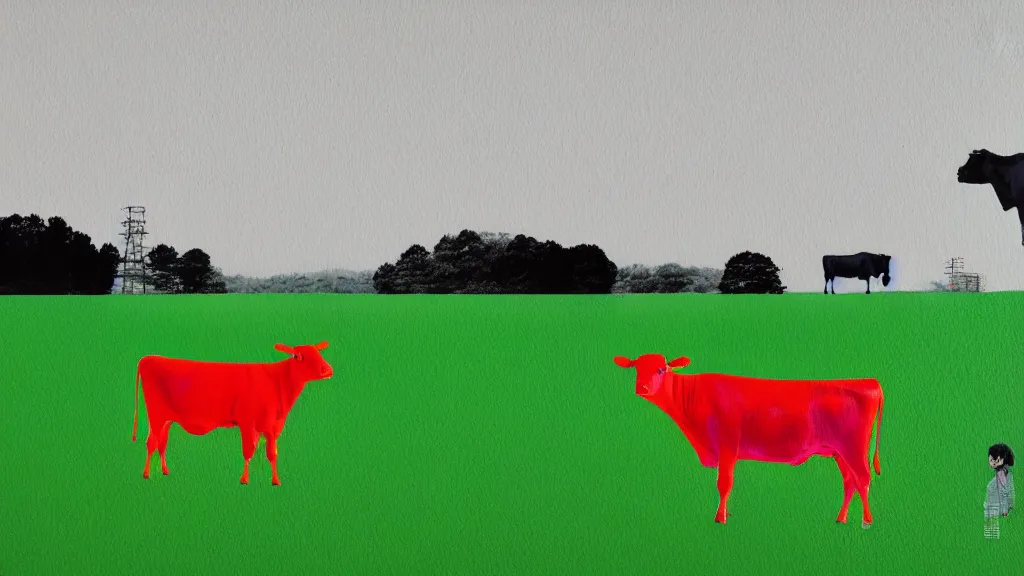 Image similar to cow pasture in saitama japan, a collage painting, in the style of wes anderson, lola dupre, david hockney, isolated on negative white space background dark monochrome neon fluorescent spraypaint accents volumetric octane render