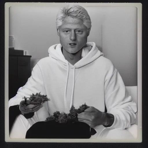 Prompt: polaroid of Bill Clinton wearing a white hoodie and holding a bag of weed sitting on the couch, 8k, very detailed, very intricate,