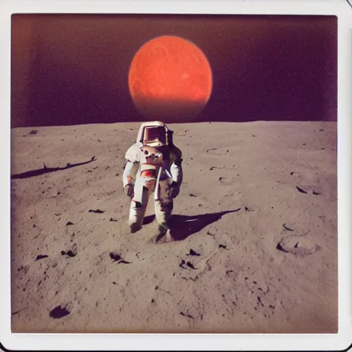 Image similar to vintage polaroid photo of a beautifuk young woman on the moon, the earth visible in de background, warm azure tones, red color bleed, film grain