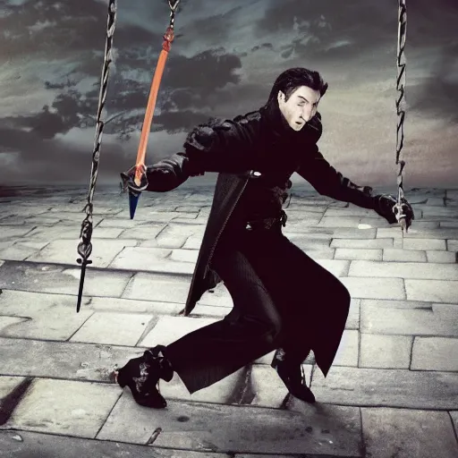 Prompt: <movie still mid-swing>Vampire swings a sword</movie>