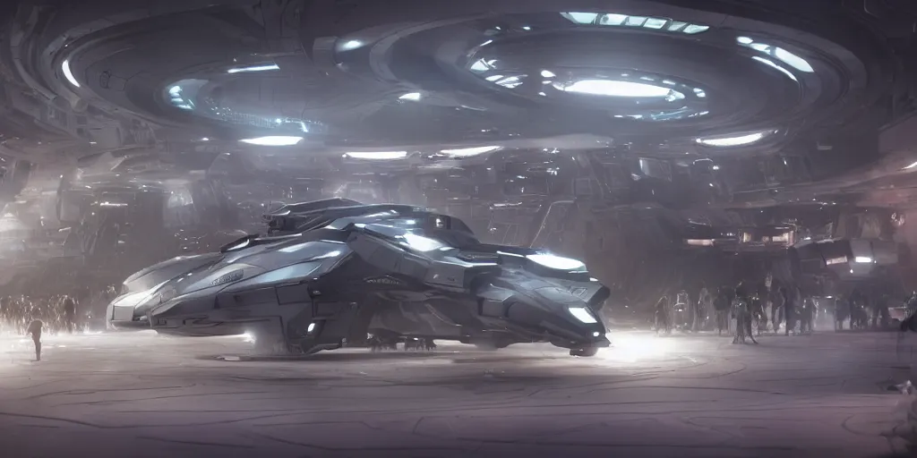 Image similar to A futuristic detailed piggy 🐷 themed battle-armored space ship, Star Trek, beautiful Product shot film still, cinematic movie scene, 200mm wide shot, precise architectural rendering, with bright headlights in a busy futuristic spaceport filled with people, motion, hard surface modeling, volumetric soft lighting, style of Stanley Kubrick cinematography, 8k H 768