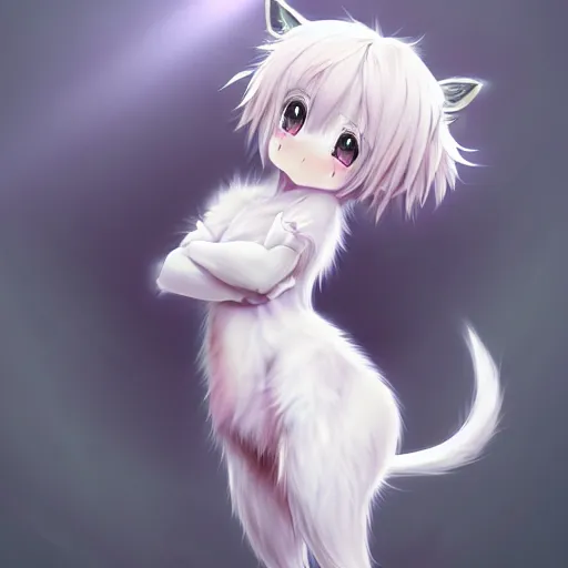 Image similar to advanced full body digital anime art, cute anime female dog hybrid, short white hair, purple watery eyes, dog paws for arms and legs and a big dog tail , full round face :: cinematic lighting, rim lighting, very highly intricately detailed, trending on pixiv :: Steven Artgerm Lau, WLOP, RossDraws, RuanJia, James Jean, Andrei Riabovitchev, Totorrl, Marc Simonetti, Visual Key, and Sakimichan