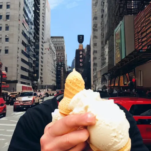 Image similar to an angry god looking at his tiny ice cream cone in nyc.