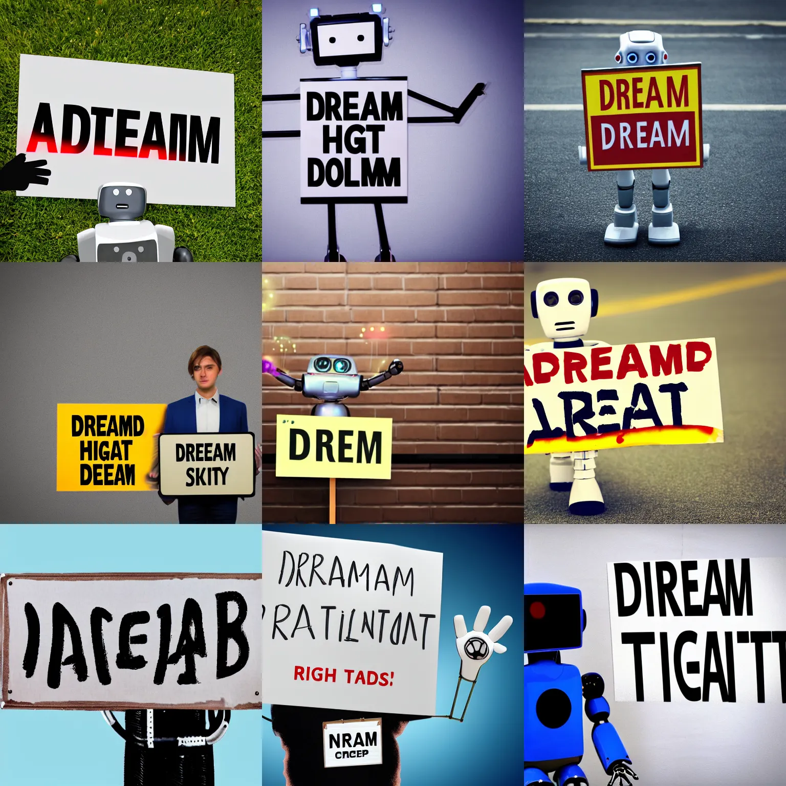 Image similar to realistic high quality photo of artificial intelligence robot holding a sign with text that reads : dream