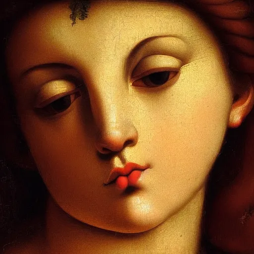 Image similar to Beautiful girl, calm face, closeup, fruits, ultra detailed, Guido Reni style, Raphael style