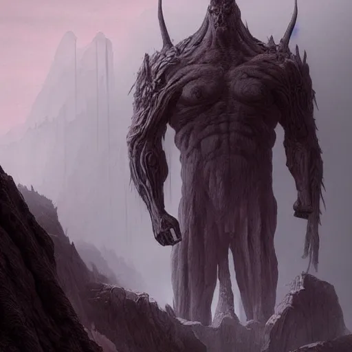 Prompt: concept art of a dark giant titan creature, day time, foreboding, fantasy, valley, wayne barlowe and tomislav jagnjic